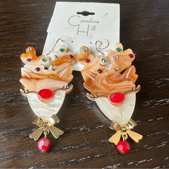 Festive Red and Gold Reindeer Earrings - Picture 1 of 2